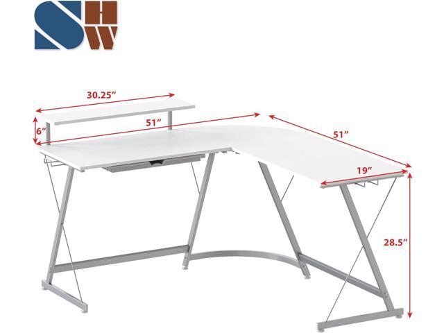 SHW Vista L-Shape Desk with Monitor Stand, White
