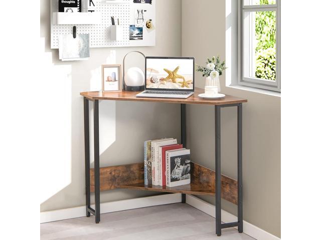 Tangkula Corner Desk with Power Outlet & USB Ports, Triangle Computer Desk with Charging Station, Storage Shelf, Space Saving Writing Desk, Vanity...