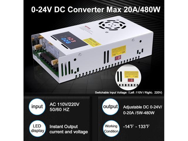 IMAYCC Adjustable Power Supply with LED Display - 110V AC to 24V DC Converter 480W 20A