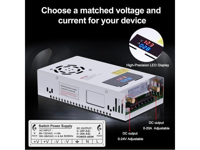IMAYCC Adjustable Power Supply with LED Display - 110V AC to 24V DC Converter 480W 20A