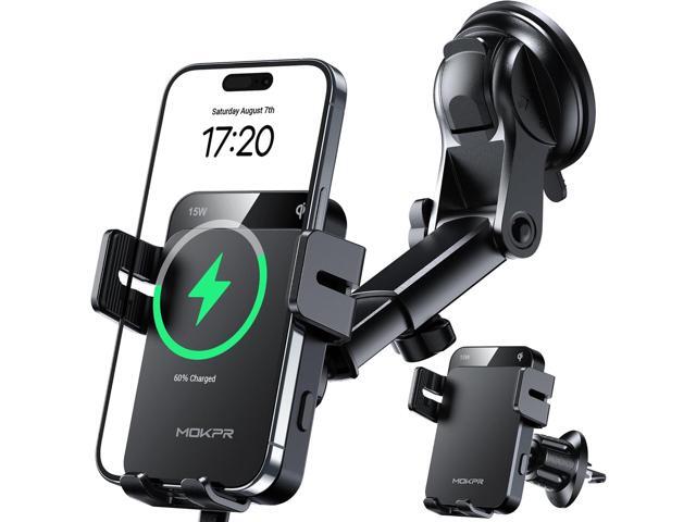 MOKPR Wireless Car Charger, 15W Auto Clamping Car Charger Dash Windshield Air Vent Phone Holder Compatible with iPhone 16 15 14/13/13 Pro/12...