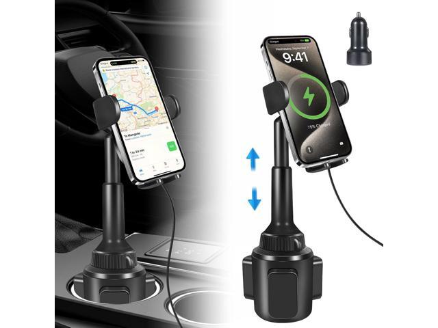 Upgraded Wireless Car Charger, Cup Holder Phone Mount with 15W Fast Charging Phone Holder Adjustable Long Arm Height, Compatible with iPhone 16 15...
