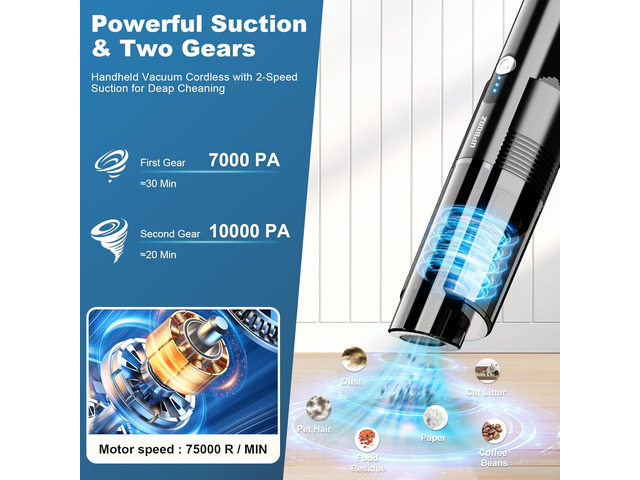 Handheld Vacuum Cordless,10KPA Powerful Suction Car Vacuum with 2-Speed, Vacuum Cleaner with Charging Dock, Portable Lightweight 4-in-1 Mini Hand...