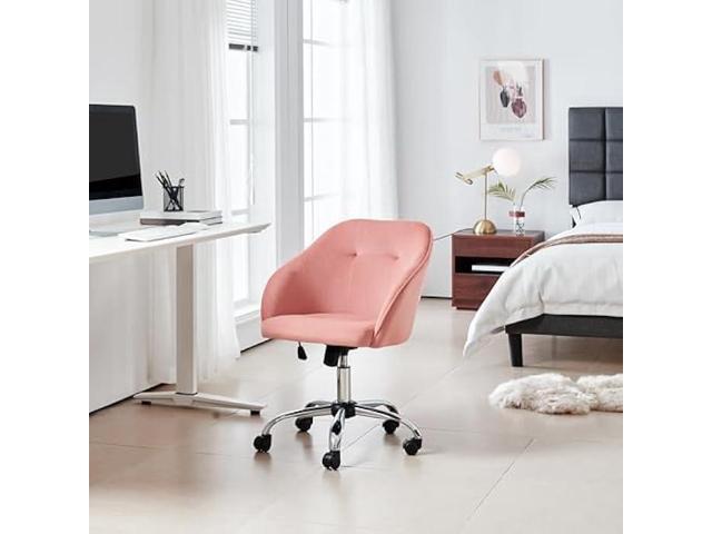 Yaheetech Pink Office Chair Small Cute Vanity Chair with Back Wheels Velvet Swivel Rolling Desk Computer Armchair for Bedroom Living Room