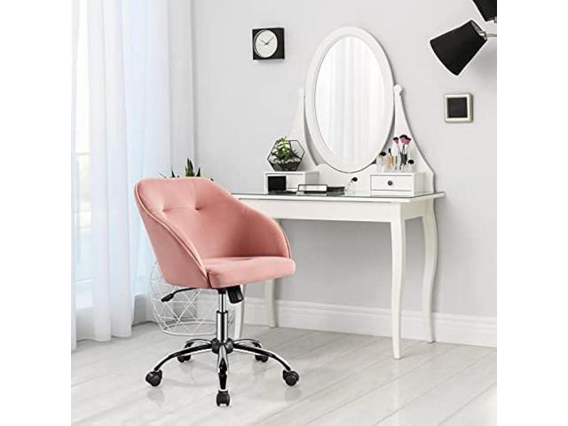 Yaheetech Pink Office Chair Small Cute Vanity Chair with Back Wheels Velvet Swivel Rolling Desk Computer Armchair for Bedroom Living Room