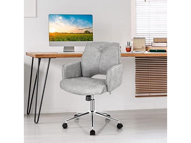COSTWAY Ergonomic Home Office Chair, Height-Adjustable Leather-Like Computer Desk Chair w/Rolling Casters & Armrests, Upholstered Mid-Back Swivel...