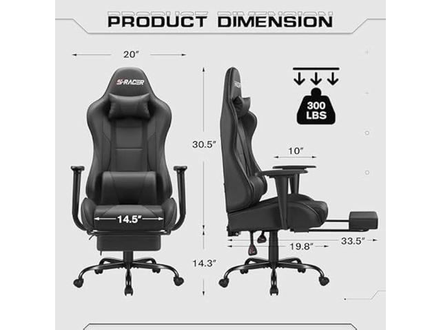 Homall Gaming Chairs, Computer Chair with Footrest and Massage Lumbar Support, Height Adjustable Game Chair with Headrest and Swivel Seat (Black)