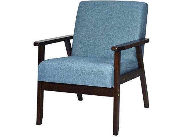 Giantex Mid-Century Modern Accent Chair, Retro Fabric Armchair, Solid Hardwood Made, Upholstered Linen Lounge Arm Chair for Living Room (1, Blue)