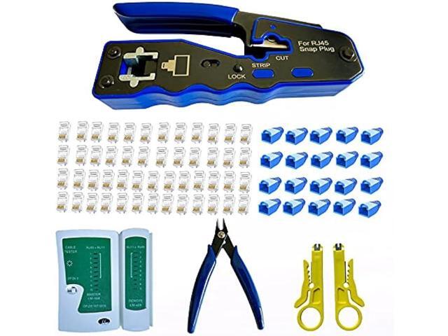 Rj45 Crimp Tool Kit Pass Through and Standard Cat6 Cat6A Cat5 Cat5e rj45 Crimping Tool with 50pcs rj45 Cat6 Pass Through Connectors, 20pcs Covers,...