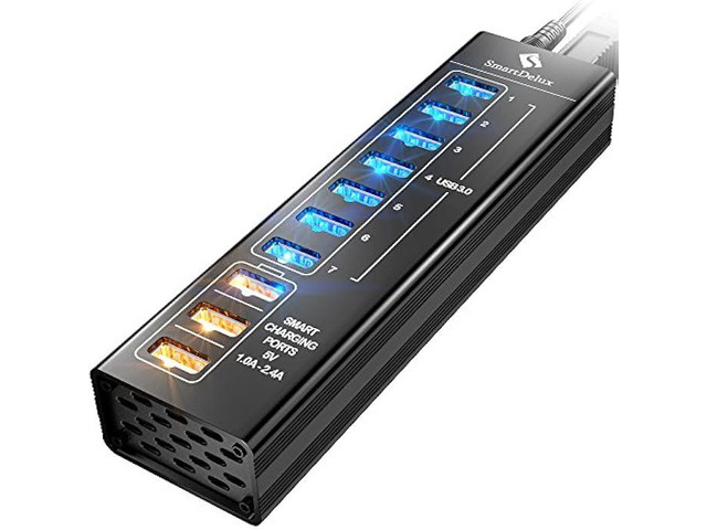 SmartDelux Powered USB Hub - USB 3.0 Ports Hub with 3 Smart Charging Ports, Power Adapter, Long Cord, LEDs (10-Port USB Hub)