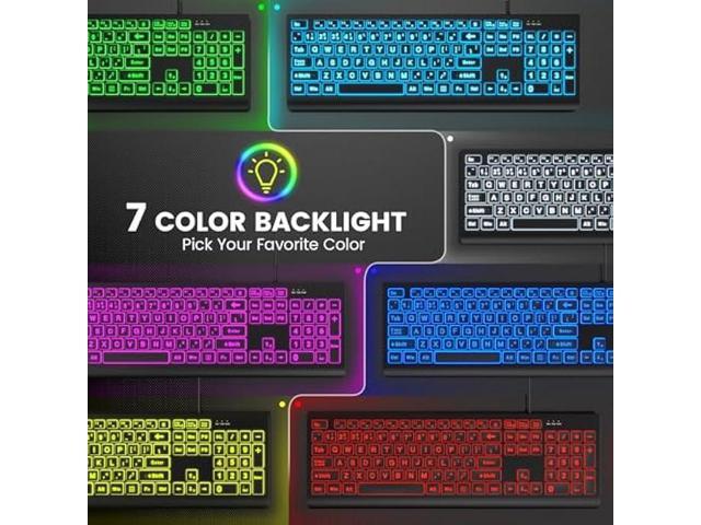 SABLUTE Large Print Backlit Keyboard, Wired USB Lighted Computer Keyboards with 7-Color & 4 Modes Backlit, Oversize Letters Keys Easy to See and...