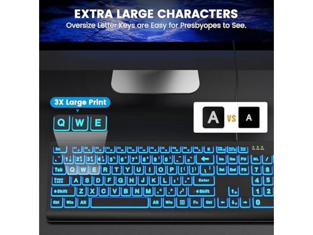 SABLUTE Large Print Backlit Keyboard, Wired USB Lighted Computer Keyboards with 7-Color & 4 Modes Backlit, Oversize Letters Keys Easy to See and...