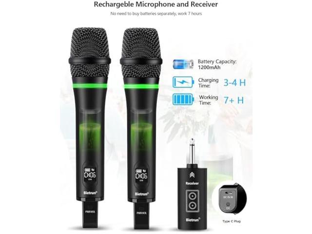 Bietrun Rechargeable Wireless Microphone, Dual Metal Cordless Handheld Dynamic Wireless Mics with 1/4'' Output for Karaoke, Meeting, Singing,...