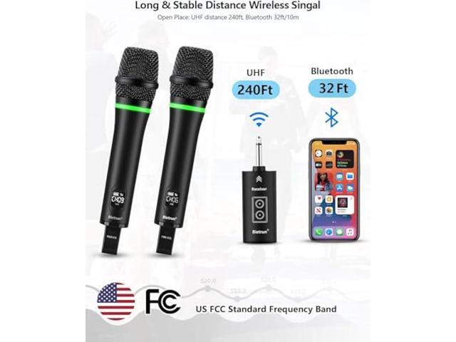 Bietrun Rechargeable Wireless Microphone, Dual Metal Cordless Handheld Dynamic Wireless Mics with 1/4'' Output for Karaoke, Meeting, Singing,...