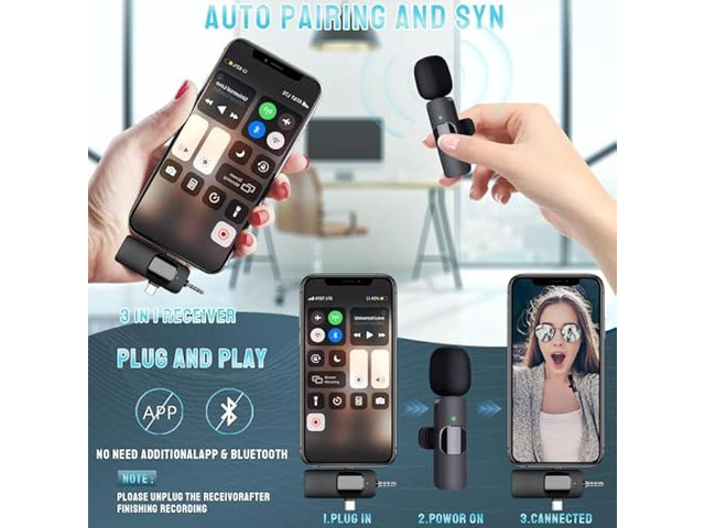 Wireless Microphone for iPhone, Android, Camera, iPad - 3 in 1 Dual Professional Lavalier Mini Mic with USB C, Plug-Play for Video Recording,...