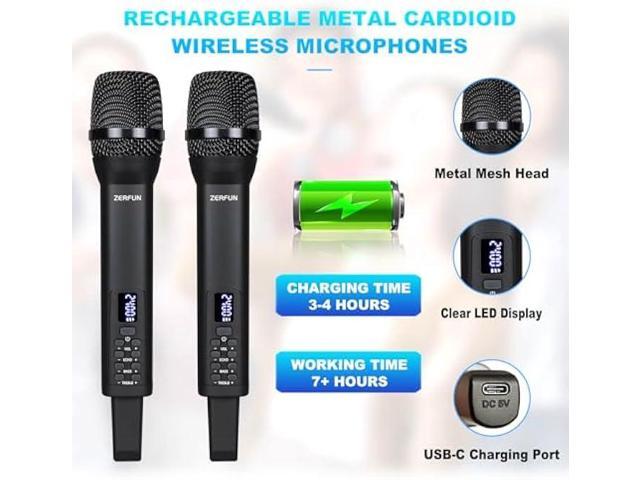 Dual Rechargeable Wireless Microphones, Pro Handheld Cordless Mics System with Echo Treble BASS VOL Control for Karaoke Singing Church Party, 1/4''...