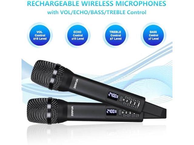 Dual Rechargeable Wireless Microphones, Pro Handheld Cordless Mics System with Echo Treble BASS VOL Control for Karaoke Singing Church Party, 1/4''...