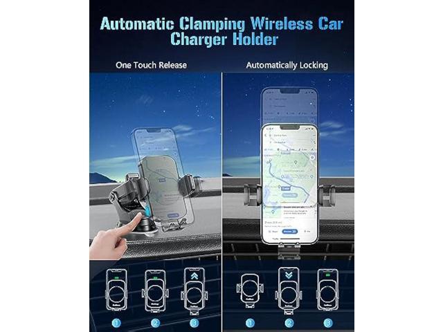 Wireless Car Charger, Fast Charging Phone Holder 3 in 1 Phone Mount Auto Clamping Car Accessories Compatible with iPhone 17 16 15 14 13 12 11 Xs...
