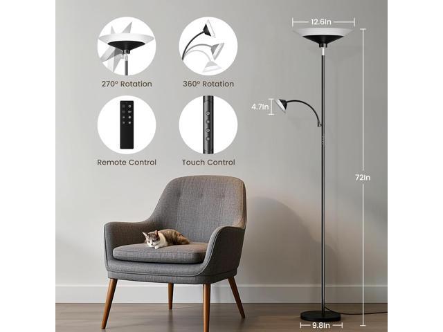 Upgraded 2-in-1 Torchiere Floor Lamp, Dimmable Standing Lamp with Remote & Touch Control, 34W Brightness Adjustable Floor Reading Light, Black Modern...
