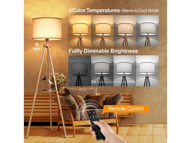 OUTON Wood Tripod Floor Lamp with Shelves, Mid Century Floor Lamp with Remote Control,4 Color Temperature, LED Modern Dimmable Standing Lamp with...