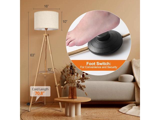 OUTON Wood Tripod Floor Lamp with Shelves, Mid Century Floor Lamp with Remote Control,4 Color Temperature, LED Modern Dimmable Standing Lamp with...
