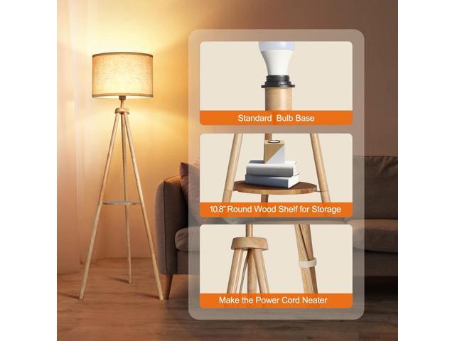 OUTON Wood Tripod Floor Lamp with Shelves, Mid Century Floor Lamp with Remote Control,4 Color Temperature, LED Modern Dimmable Standing Lamp with...