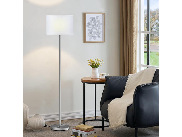 Ambimall 60'' Modern Floor Lamp with Shade, Tall Lamps for Living Room, Bedroom, Office, Dining Room, White Shade with Silver Pole(Without Bulb)