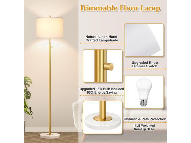 UpgradedDimmable Gold Floor Lamps for Living Room, 11W LED Bulb Included, Modern Standing Lamp with Marble Base, Tall Pole Light with White Linen...