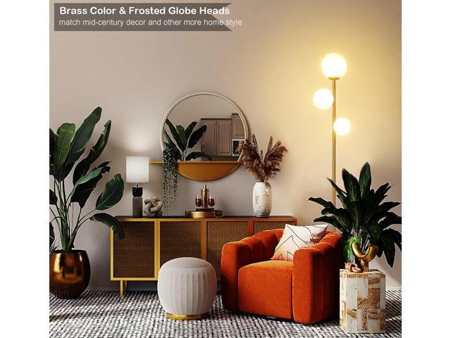 Fiqevs 3 Globe Mid Century Modern Floor Lamp for Living Room, Gold Floor Lamp with Frosted Glass Shade and LED Bulbs, Warm Light Standing Tall Pole...