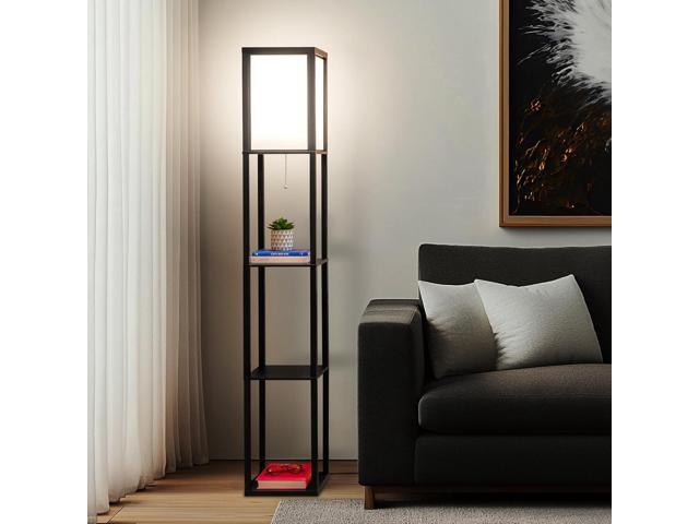 Brightech Maxwell - Modern Shelf Floor Lamp with Shade and LED Bulb Corner Display Lamps Shelves for Living Room, Bedroom Office Black