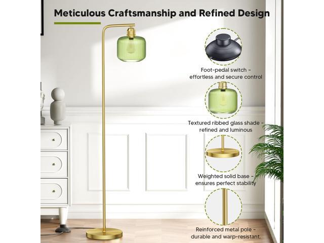 Glass Floor Lamp for Living Room, Modern Standing Lamp with Green Ribbed Glass Lampshade and Pedal Switch, 66 Tall Lamp & Gold Floor Lamp for...