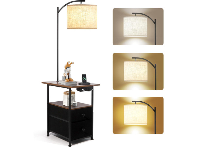 PESRAE Floor Lamp with Table & 2 Drawers, End Table with 3 Color Temperature Reading Light, Side Table Lamp with USB & Type C & AC Charging Port...