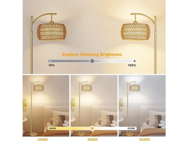 Arc Floor Lamp with 3 Color Temperatures, LED Gold Floor Lamp with Remote & Stepless Dimmable Bulb, Boho Standing Lamp with Rattan & Fabric Shades,...