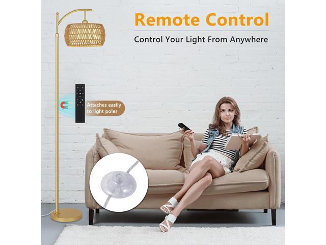 Arc Floor Lamp with 3 Color Temperatures, LED Gold Floor Lamp with Remote & Stepless Dimmable Bulb, Boho Standing Lamp with Rattan & Fabric Shades,...