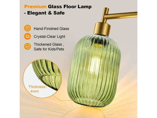 Upgraded Dimmable Glass Floor Lamp for Living Room, Modern Gold Standing Lamp with Green Ribbed Glass Lampshade & Knob Dimmer, Arc Tall Lamp for...