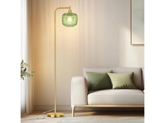 QiMH Glass Floor Lamp for Living Room, Modern Standing Lamp with Ribbed Glass Lampshade Pedal Switch, 67 Tall Lamp for Bedroom Study Room, Brushed...