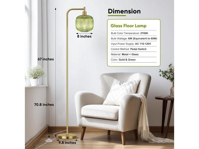 QiMH Glass Floor Lamp for Living Room, Modern Standing Lamp with Ribbed Glass Lampshade Pedal Switch, 67 Tall Lamp for Bedroom Study Room, Brushed...