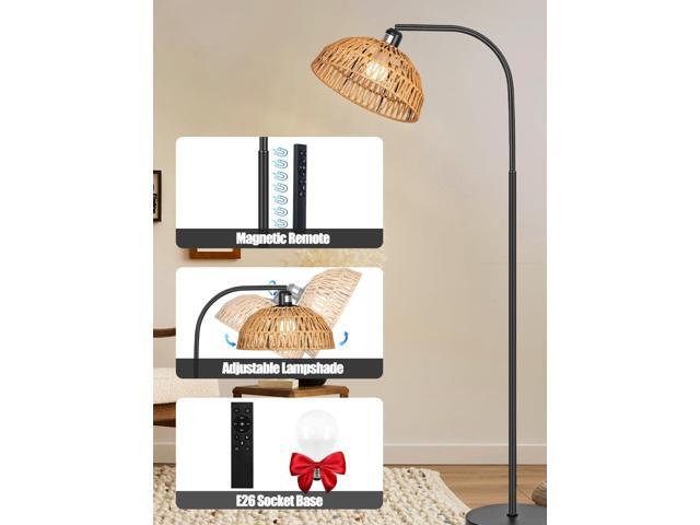 Rattan Floor Lamp- Boho Standing Lamp with Remote Control and Dimmable Bulb, Hand-Worked Adjustable Rattan Shades, Black Farmhouse Tall Lamp, Boho...