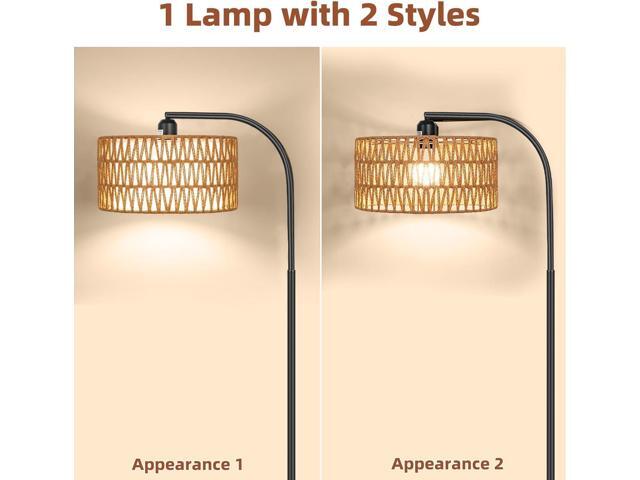 Rattan Floor Lamps for Living Room, Boho Standing Lamps with Rattan& Linen Double Shades, Arc Lamps Floor Standing with 9W Bulb, Foot Switch,...