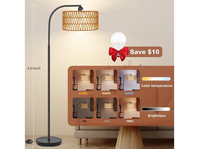 Rattan Floor Lamps for Living Room, Boho Standing Lamps with Rattan& Linen Double Shades, Arc Lamps Floor Standing with 9W Bulb, Foot Switch,...