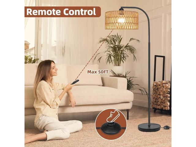 Rattan Floor Lamps for Living Room, Boho Standing Lamps with Rattan& Linen Double Shades, Arc Lamps Floor Standing with 9W Bulb, Foot Switch,...