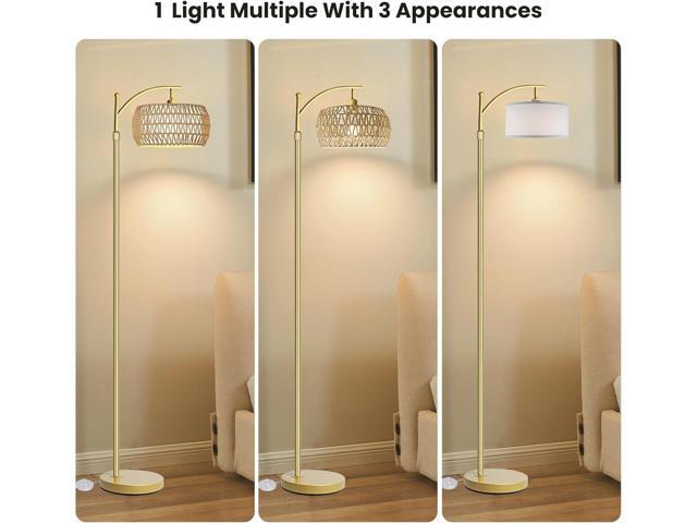 Arc Floor Lamp for Living Room,Farmhouse Floor Lamps with Remote Control & Dimmable Bulb,Gold Boho Rattan Tall Standing Lamp for Bedroom Office