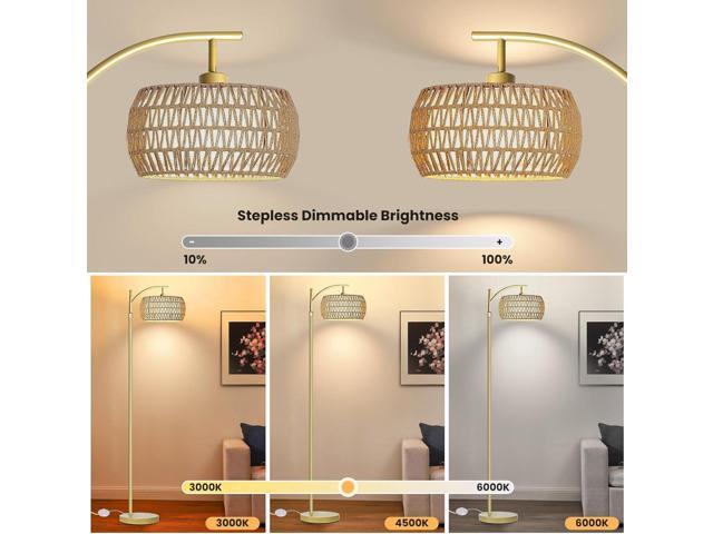 Arc Floor Lamp for Living Room,Farmhouse Floor Lamps with Remote Control & Dimmable Bulb,Gold Boho Rattan Tall Standing Lamp for Bedroom Office