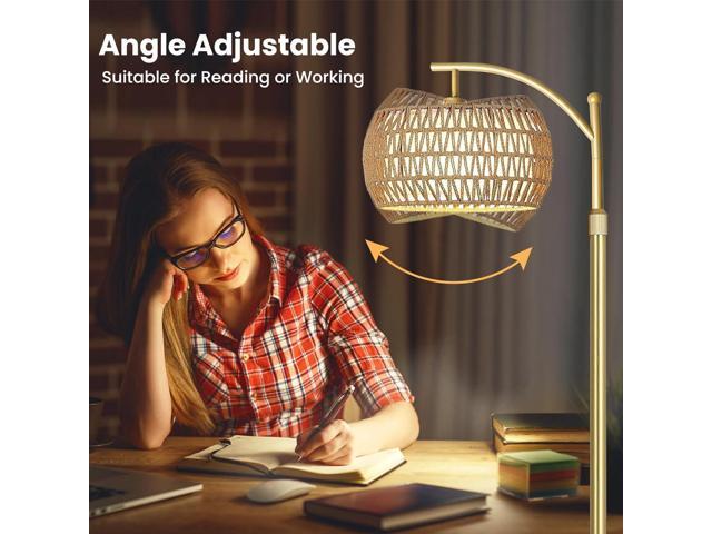 Arc Floor Lamp for Living Room,Farmhouse Floor Lamps with Remote Control & Dimmable Bulb,Gold Boho Rattan Tall Standing Lamp for Bedroom Office