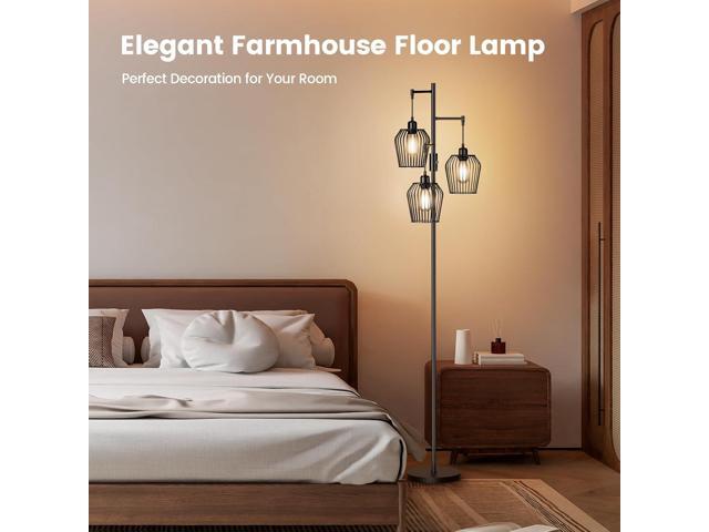 Dimmable Floor Lamp, Farmhouse Industrial Floor Lamp with Elegant Cage & 3 x 1000LM LED Bulbs, Tall Standing Lamp Black Tree Floor Lamps for Living...