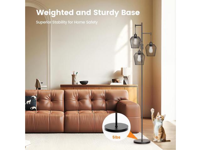 Dimmable Floor Lamp, Farmhouse Industrial Floor Lamp with Elegant Cage & 3 x 1000LM LED Bulbs, Tall Standing Lamp Black Tree Floor Lamps for Living...