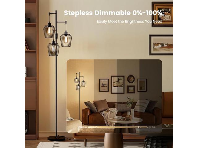 Dimmable Floor Lamp, Farmhouse Industrial Floor Lamp with Elegant Cage & 3 x 1000LM LED Bulbs, Tall Standing Lamp Black Tree Floor Lamps for Living...