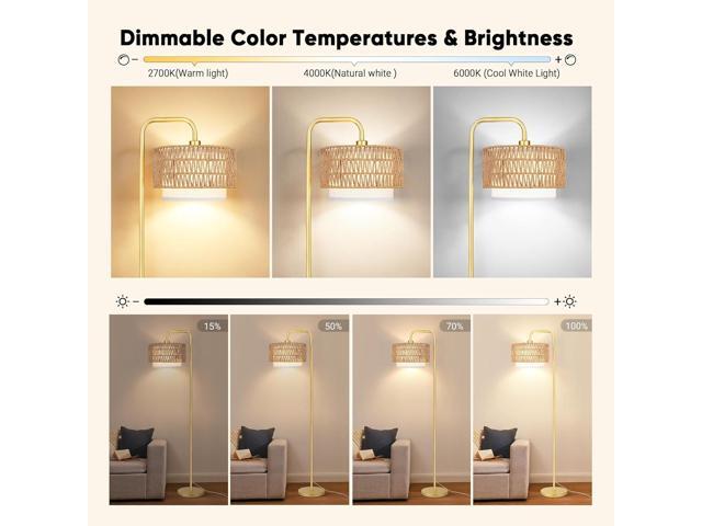 PARTPHONER Gold Floor Lamp for Living Room, Farmhouse Tall Lamp with 3 Color Temperatures Remote & Dimmable Bulb, Boho Lamp Rattan and Fabric...