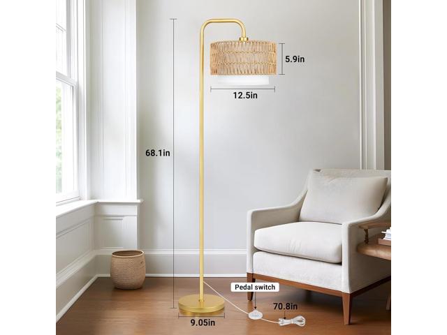 PARTPHONER Gold Floor Lamp for Living Room, Farmhouse Tall Lamp with 3 Color Temperatures Remote & Dimmable Bulb, Boho Lamp Rattan and Fabric...