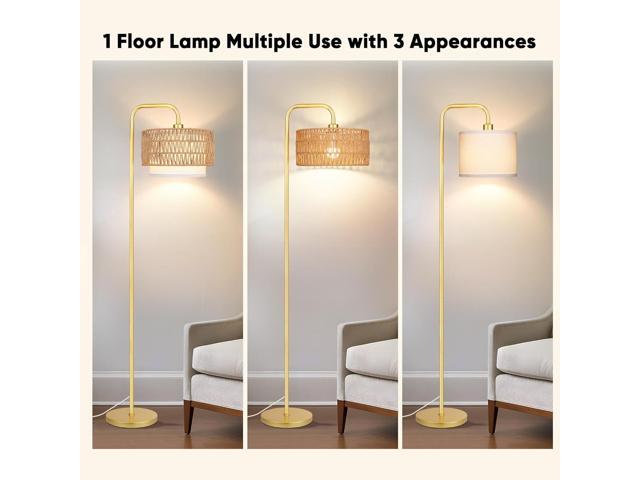 PARTPHONER Gold Floor Lamp for Living Room, Farmhouse Tall Lamp with 3 Color Temperatures Remote & Dimmable Bulb, Boho Lamp Rattan and Fabric...